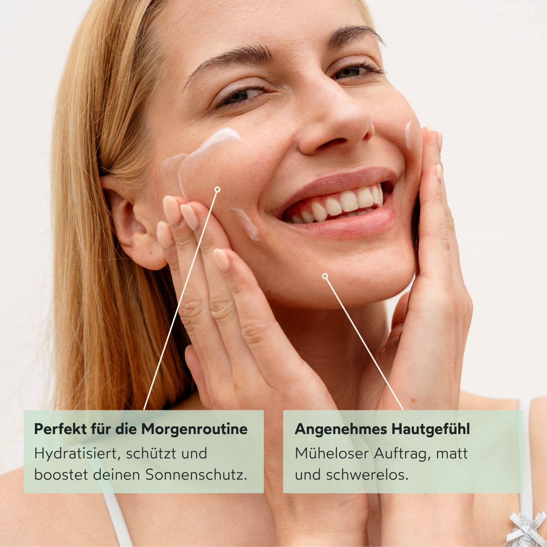 Hydratisiert, schützt und boostet deinen Sonnenschutz. Müheloser Auftrag, matt und schwerelos.
