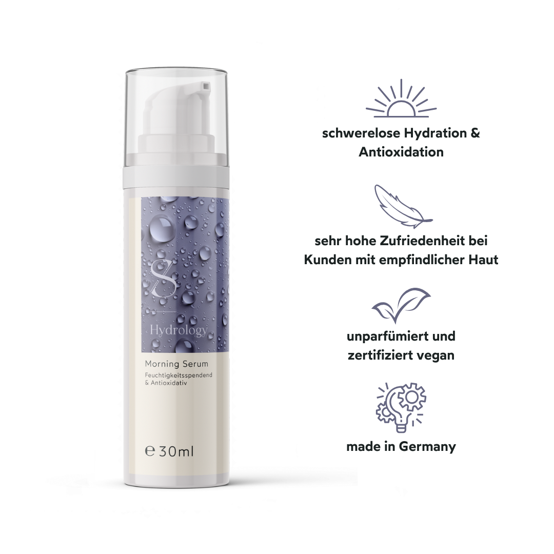schwerelose Hydration & Antioxidation, sehr hohe Zufriedenheit bei Kunden mit empfindlicher Haut, unparfümiert und zertifiziert vegan, made in Germany