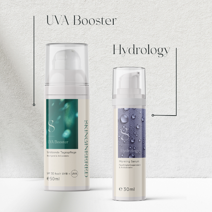 Hautpflege-Bundle: UVA Booster & Hydrology – starker UVA-Schutz und intensive Feuchtigkeit für strahlend geschützte Haut