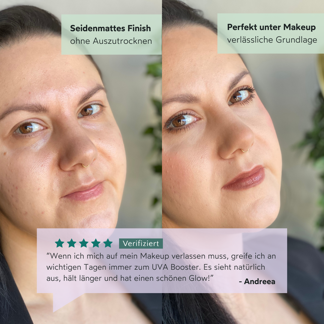 Lässt die Haut strahlen & perfektioniert das Make-up! Der UVA Booster verleiht einen wunderschönen Glow, fühlt sich angenehm an und sorgt dafür, dass das Make-up natürlich aussieht und länger hält – ohne trockene Stellen. Mein verlässlicher Favorit für wichtige Tage!