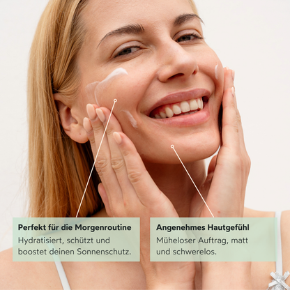 Hydratisiert, schützt und boostet deinen Sonnenschutz. Müheloser Auftrag, matt und schwerelos.