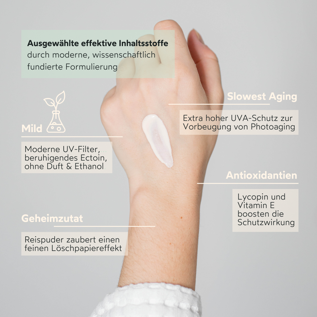 slow aging UVA-Booster mit Ectoin, Lycopin und modernen organischen UV-Filtern für umfassenden Sonnenschutz und antioxidative Wirkung