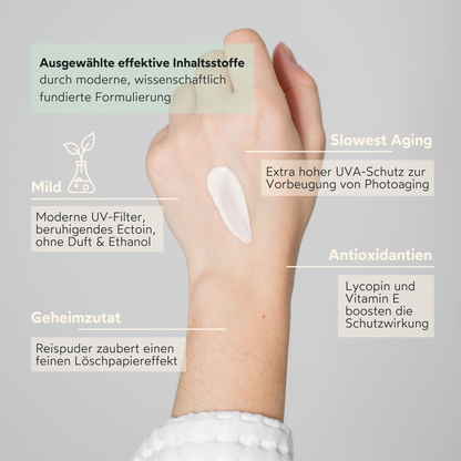 slow aging UVA-Booster mit Ectoin, Lycopin und modernen organischen UV-Filtern für umfassenden Sonnenschutz und antioxidative Wirkung