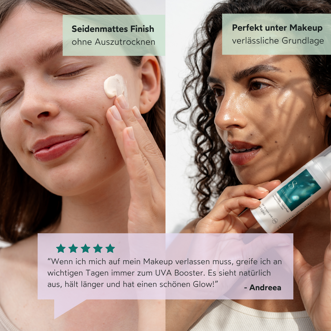Lässt die Haut strahlen & perfektioniert das Make-up! Der UVA Booster verleiht einen wunderschönen Glow, fühlt sich angenehm an und sorgt dafür, dass das Make-up natürlich aussieht und länger hält – ohne trockene Stellen. Mein verlässlicher Favorit für wichtige Tage!